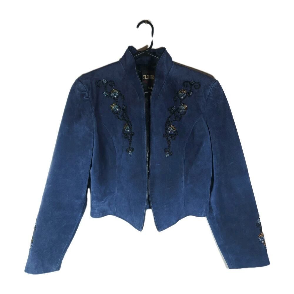North Frontier American Women's Vtg SZ M Blue Pig Split Leather Beaded Jacket